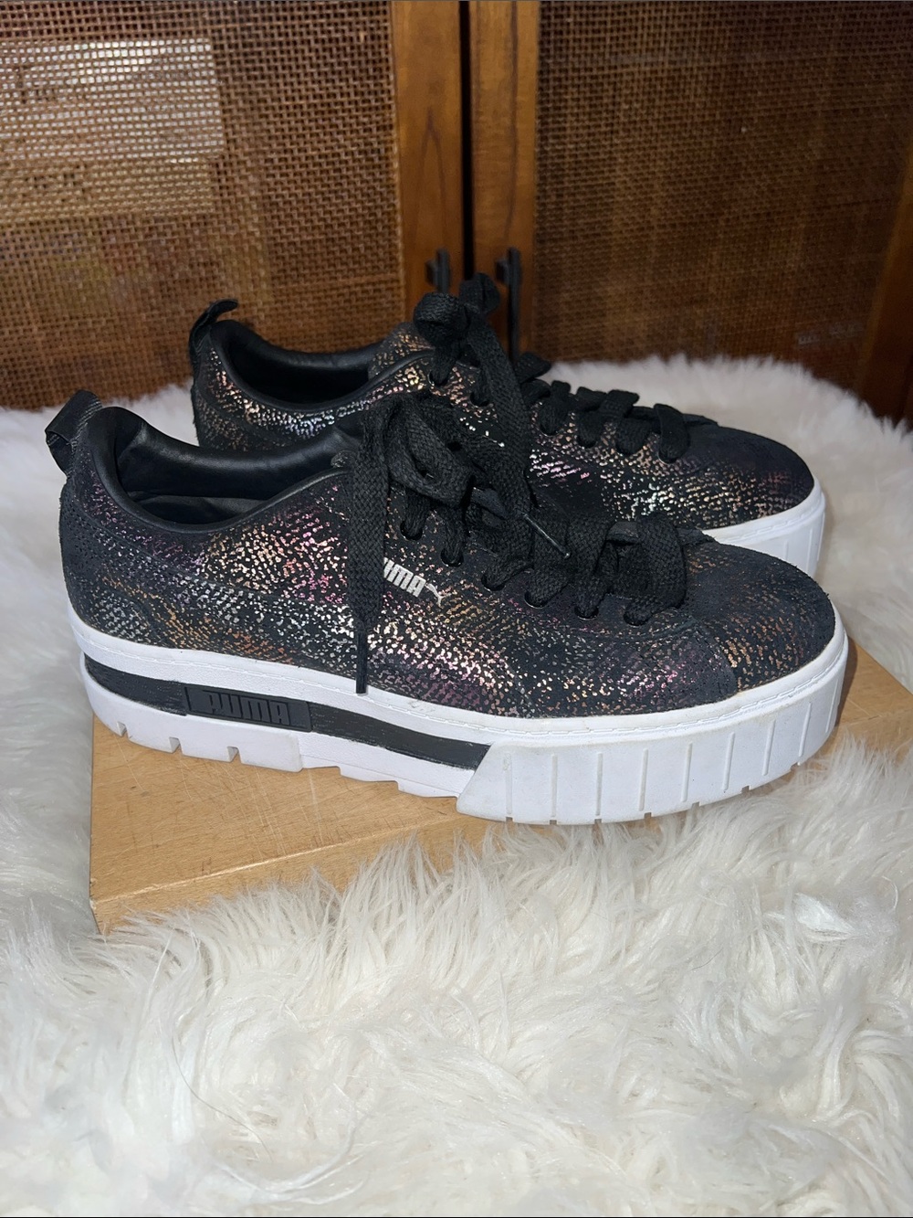 Puma Black Sneakers with Iridescent Sheen and White Platform Sole